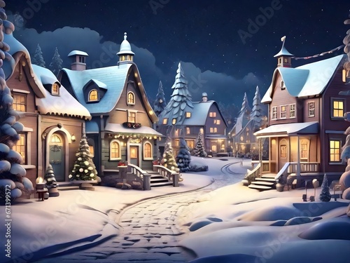 Christmas village hidden behind the mountains with trees and snow in vintage style. Night Winter Village Landscape. New Year's festive small town. Christmas Holidays background. Christmas Card.