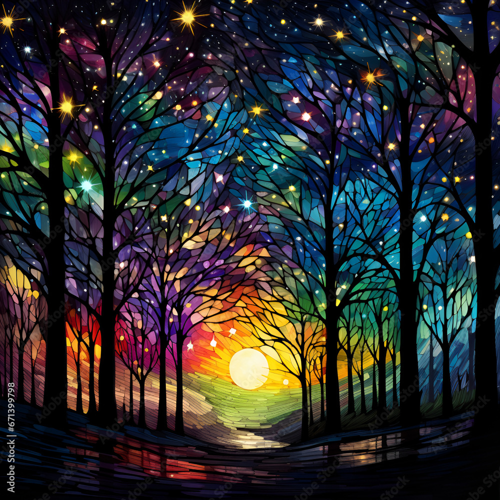 Stained Glass Starry Forest At Dawn