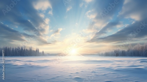 A sky right after a snowfall, pale and serene, with the sun's rays filtering softly through the clouds.