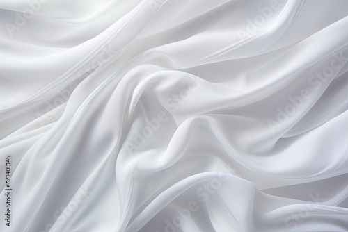 Satiny White Fabric Textile: Wavy Folds Draped, Wind-Waving Abstract Background