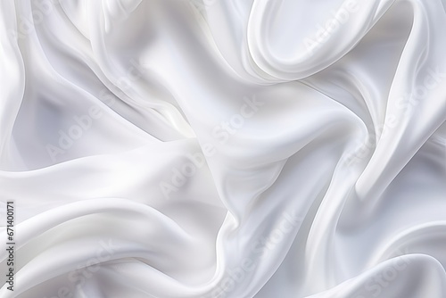 Satiny White Fabric Textile: Abstract Background with Wavy Folds and Wind-Waving Drapes