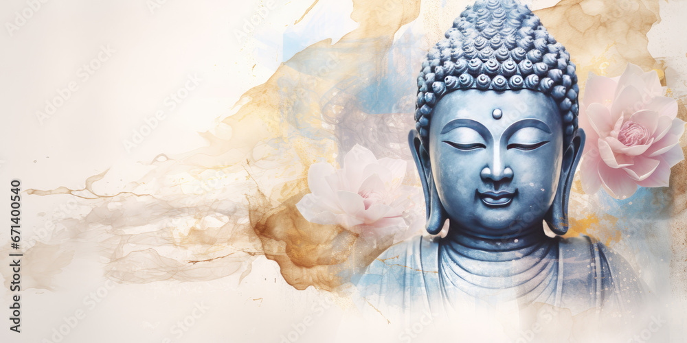 abtract painting of golden buddha and lotuses - obrazy, fototapety, plakaty 