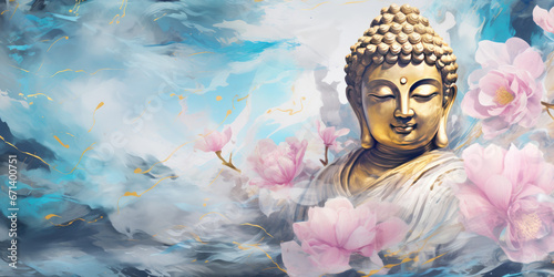 abtract painting of golden buddha and lotuses photo