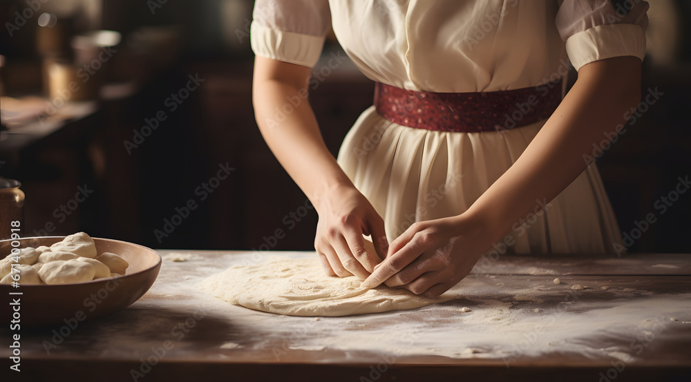 Patissier hands making dough in the kitchen. - obrazy, fototapety, plakaty 