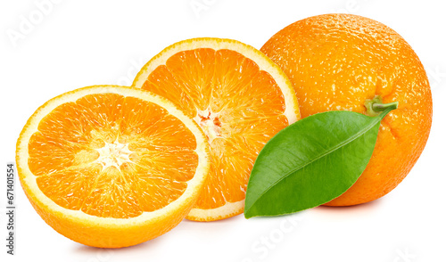 Fresh organic orange with leaves isolated on white background