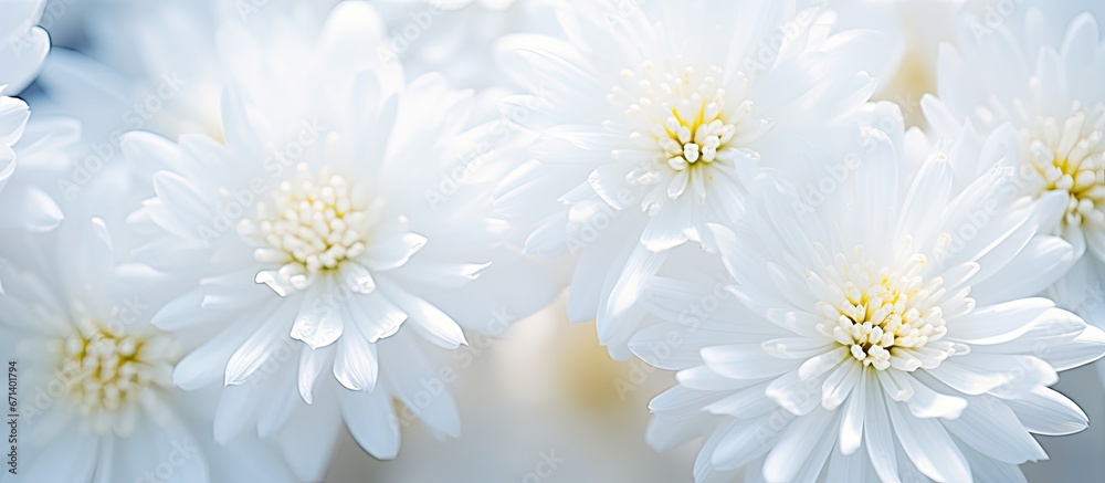 Soft focus on distinct white flowers shot up close with a wide aperture