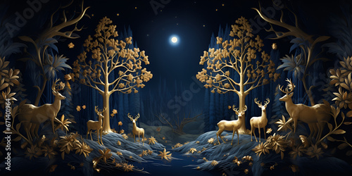 Dark blue mural wallpaper from the contemporary era Christmas tree mountain deer birds and waves of gold on a dark blue backdrop depicting a jungle or forest AI Generative 