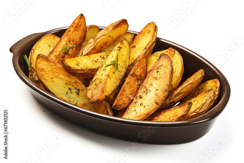 Rustic baked potato wedges on white background