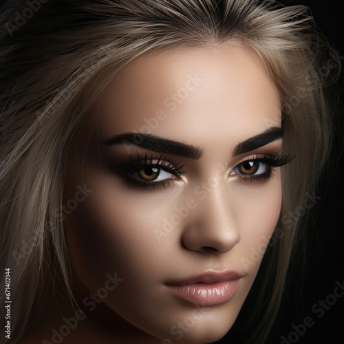 Beautiful young woman with eyelash extensions on dark background  ai technology