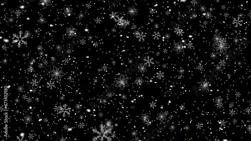 Christmas mood. Slow falling snowflakes close-up on black background. Seamless looping animation. photo