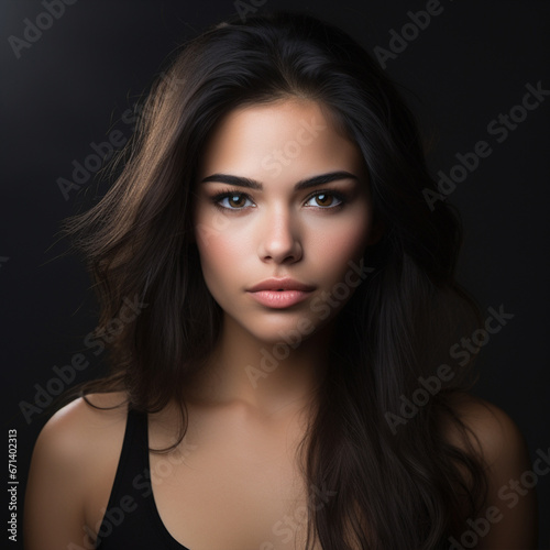 Beautiful young woman with eyelash extensions on dark background, ai technology