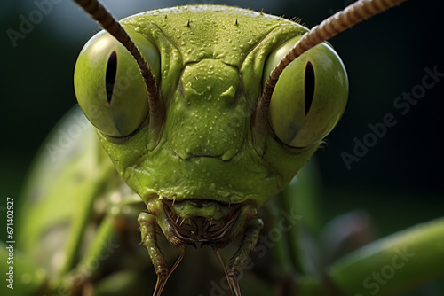 Close-up shot of green grasshopper, praying mantis, insect. © Gun