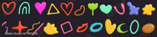 3d abstract y2k element set. Plastic colorful playful doodle shape. 3d vector render.