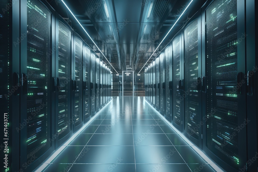 Digital cloud storage server farm, rows of powerful servers with blinking lights, cables organized, sense of precision and technological prowess Digital cloud storage server farm, rows of powerful servers with blinking lights, cables organized, sense of precision and technological prowess