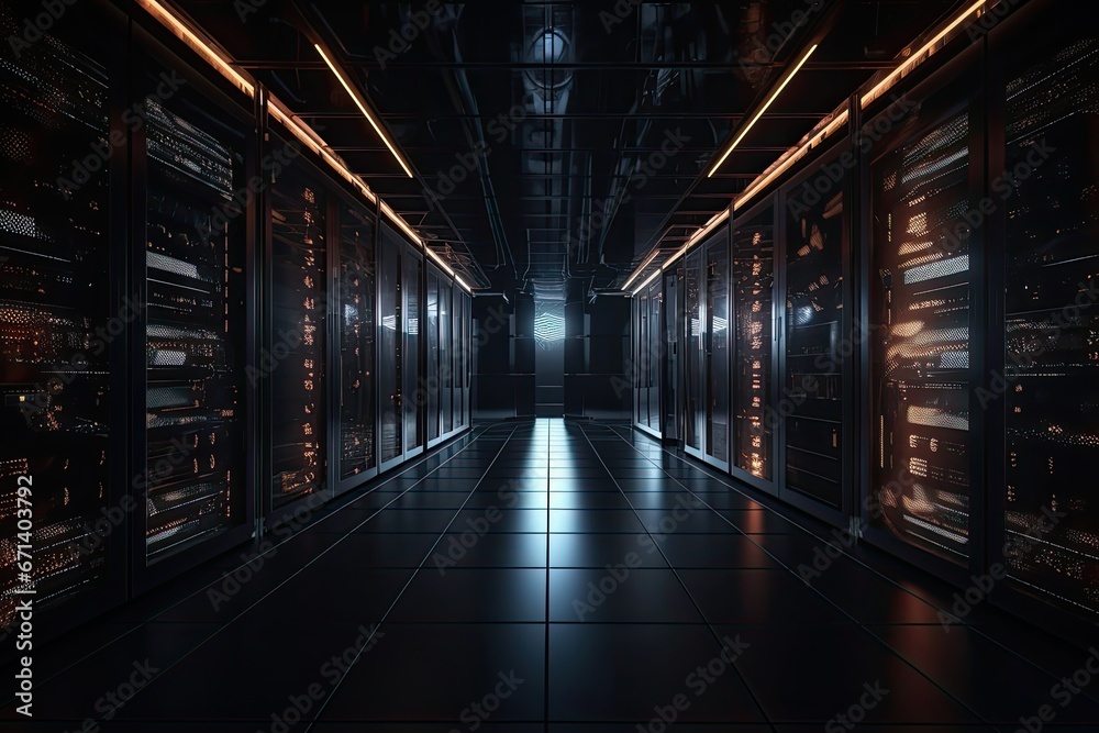 Digital cloud storage server farm, rows of powerful servers with blinking lights, cables organized, sense of precision and technological prowess