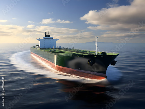 green tanker in the sea without cargo container, supply chain and logistics shipping