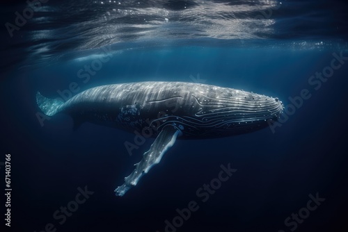 Blue whale gliding in deep blue ocean  enormous body partly illuminated by the sunlight   Realistic underwater photography with a telephoto lens
