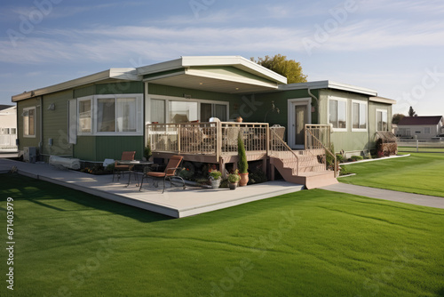 mobile home located within a community designed for retired individuals with grass lawn © Kien