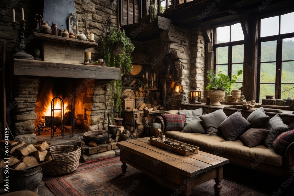 Fantasy tiny storybook style home interior cottage with rustic accents and a large round fireplace - obrazy, fototapety, plakaty 
