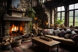 Fantasy tiny storybook style home interior cottage with rustic accents and a large round fireplace