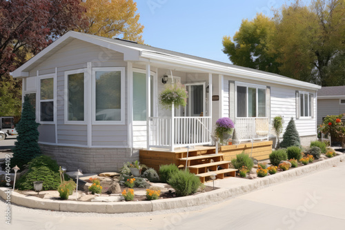 mobile home located within a community designed for retired individuals with grass lawn photo