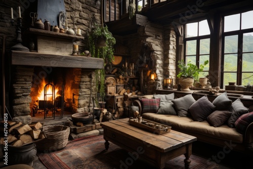 Fantasy tiny storybook style home interior cottage with rustic accents and a large round fireplace