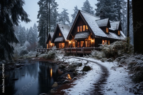 Rustic wooden cabin in a snowy forest cozy winter