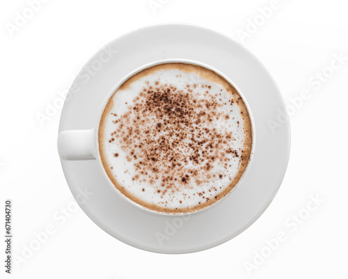 Cappuccino coffee in a coffee cup top view isolated on white background.