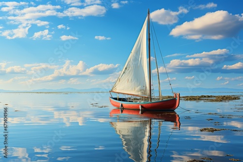 Sailing boat on a calm ocean blue sky peaceful