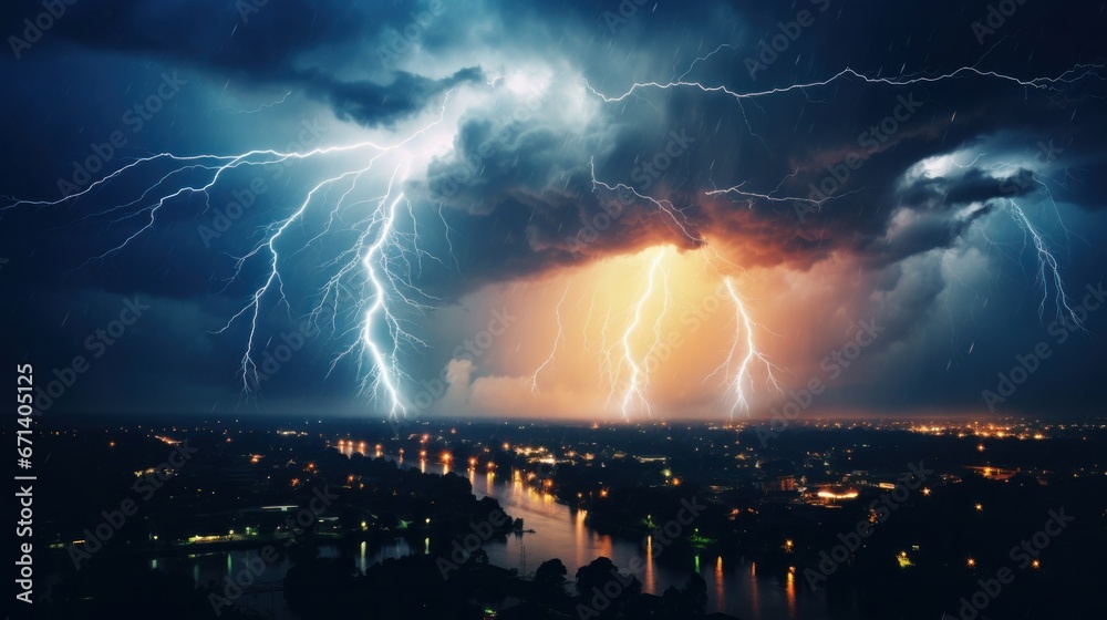 Fototapeta premium A burst of lightning illuminates the night sky in the middle of a storm, representing various weather phenomena and natural disasters such as hurricanes, typhoons, and thunderstorms.