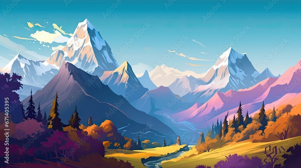 Himalaya Mountains clean vector lines, creating a vibrant and dynamic landscape, Vector Art Illustrator with smooth gradients - obrazy, fototapety, plakaty 