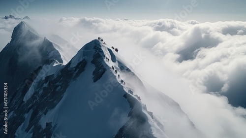 Mount Everest highest point on Earth, towering above the clouds, climbers making their final push, capturing the triumph of human determination and nature's grandeur Photography