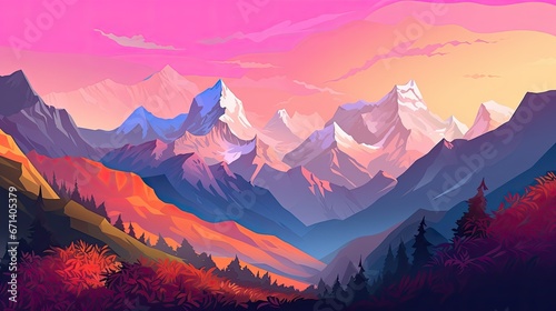 Himalaya Mountains clean vector lines, creating a vibrant and dynamic landscape, Vector Art Illustrator with smooth gradients