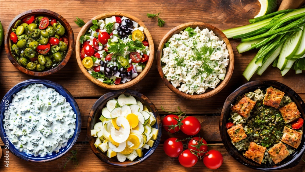 Festive salads on a wooden table. Vegetable salads with a beautiful design.