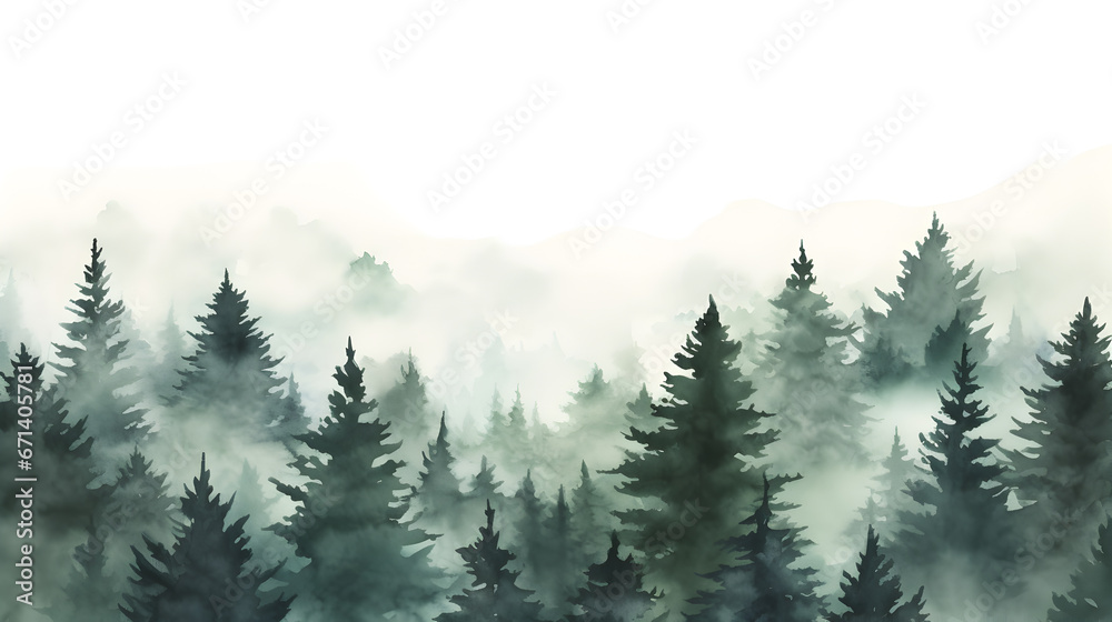 Watercolor green landscape of foggy forest hill. Evergreen coniferous trees. Wild nature, frozen, misty, taiga. Horizontal watercolor background.Hand painted watercolor illustration of misty forest - obrazy, fototapety, plakaty 