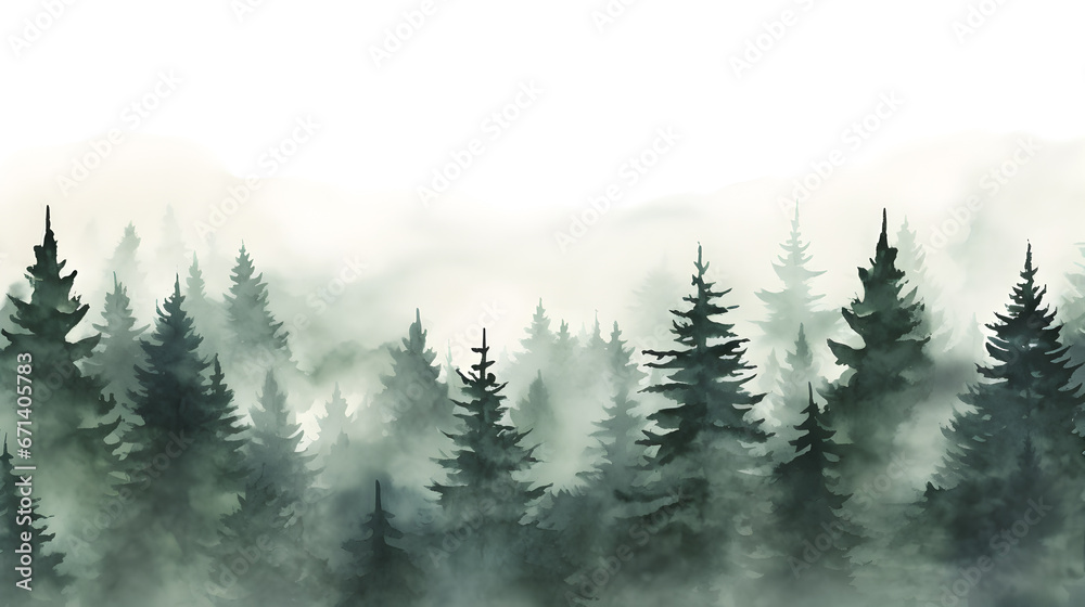 Watercolor green landscape of foggy forest hill. Evergreen coniferous trees. Wild nature, frozen, misty, taiga. Horizontal watercolor background.Hand painted watercolor illustration of misty forest