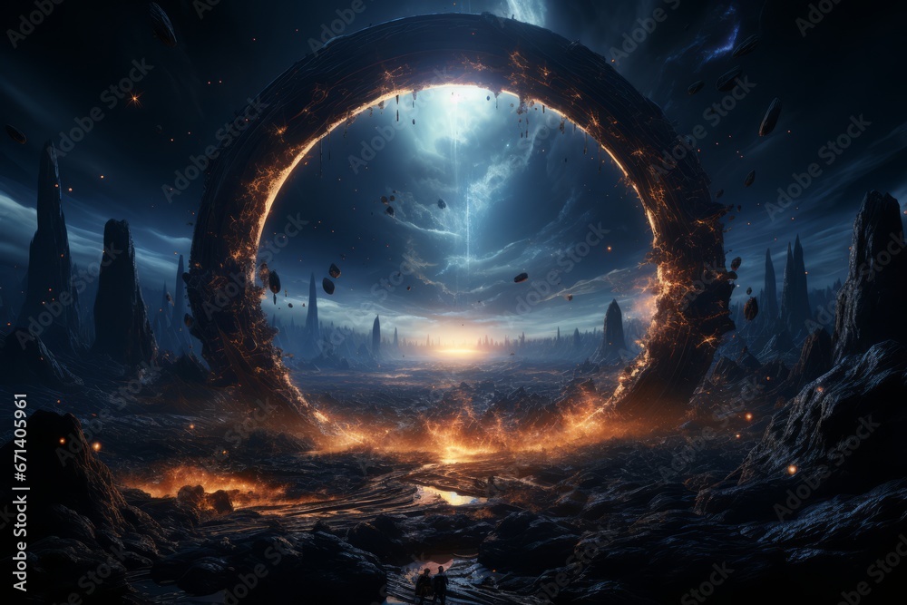 Sci-fi spaceship traveling through a wormhole cosmic - obrazy, fototapety, plakaty 