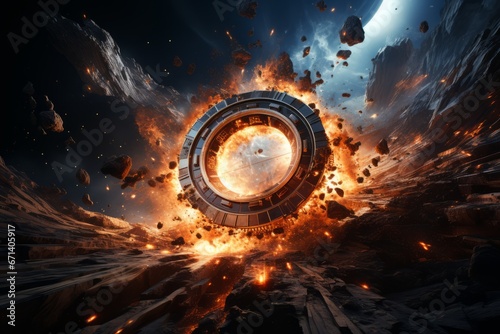 Sci-fi spaceship traveling through a wormhole cosmic photo