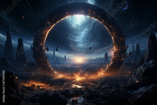Sci-fi spaceship traveling through a wormhole cosmic
