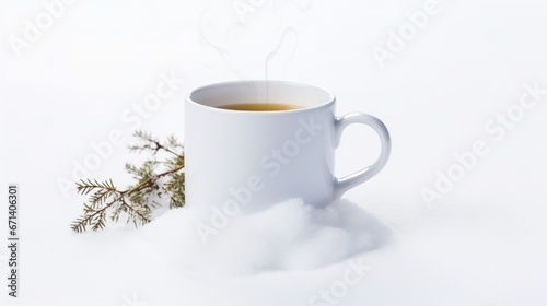 A steaming mug of herbal tea with a tea bag tag, capturing warmth and relaxation, placed centrally on a snow-white background.