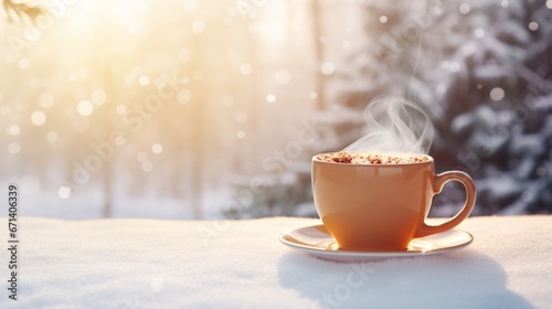 A steaming mug of herbal tea with a tea bag tag, capturing warmth and relaxation, placed centrally on a snow-white background.