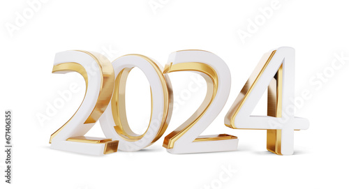 2024 golden gold bold letters as new year, luxury wealth glossy metallic, Sylvester or year 2024, white golden 3d-illustration isolated