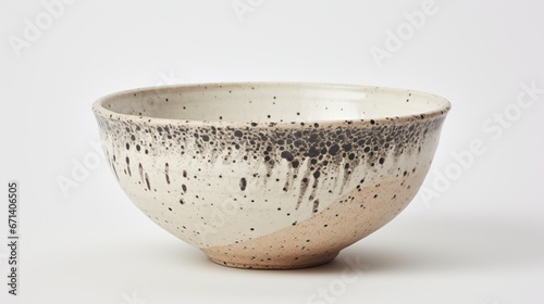 A stoneware bowl with speckled patterns, showcasing its artisanal character, set artistically on a neutral white surface. photo
