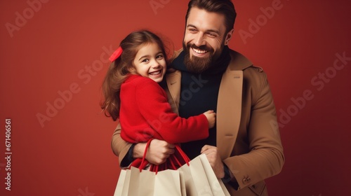 Beautiful parents and their little daughters are holding shopping bags and smiling while shopping at the mall. shopping concept