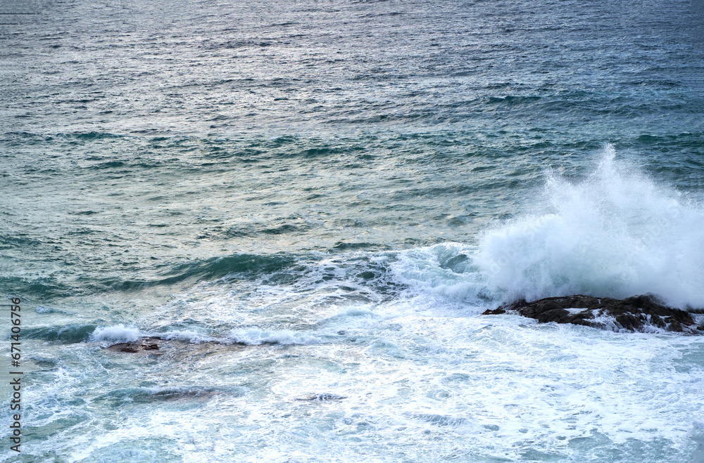 Sea. Beautiful waves. vertiginous, swirling foamy water waves at the Mediterranean sea.