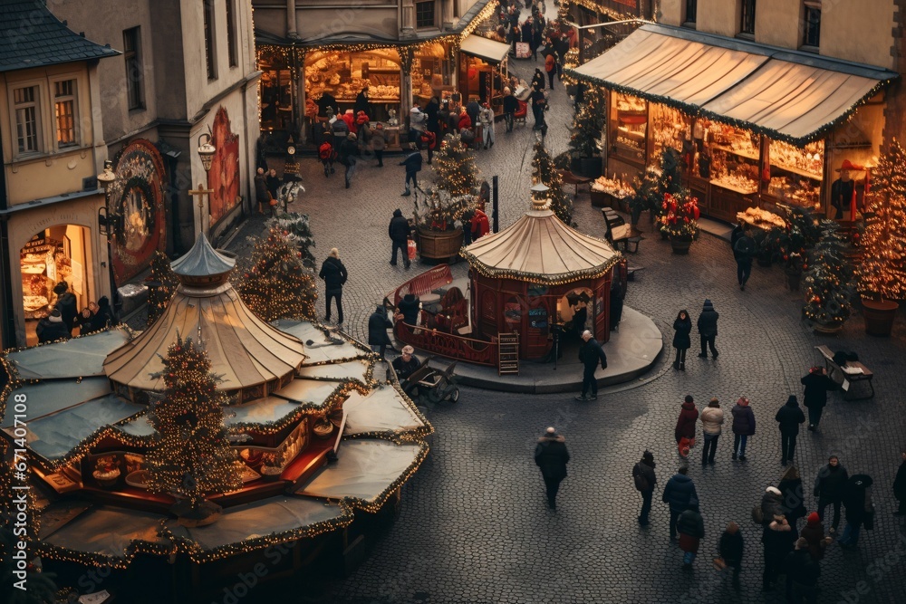 Φωτογραφία a birds-eye view of a bustling European Christmas market, sparkling lights, and