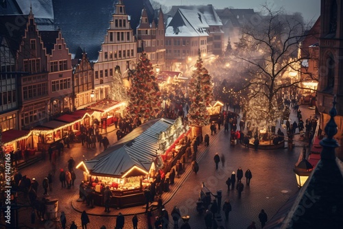 a birds-eye view of a bustling European Christmas market, sparkling lights, and colorful stalls