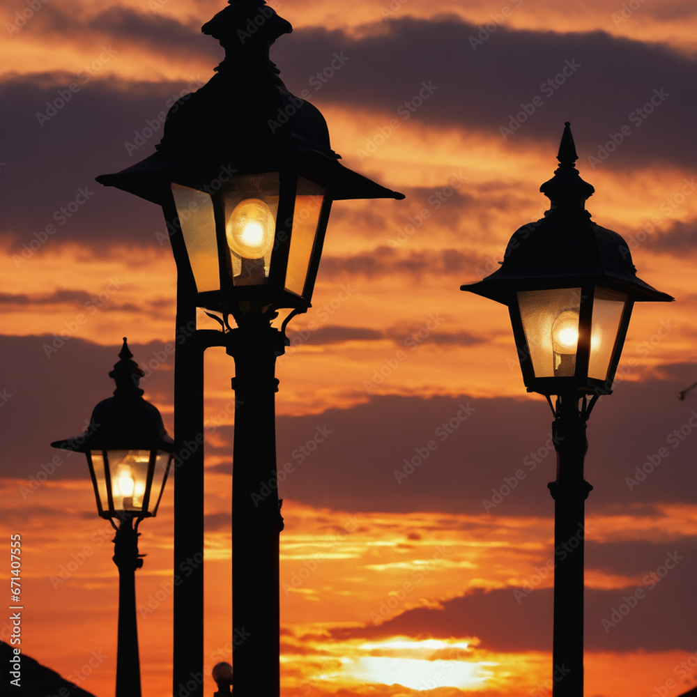 Hills and street lamps under a cloudy sky during a beautiful sunset