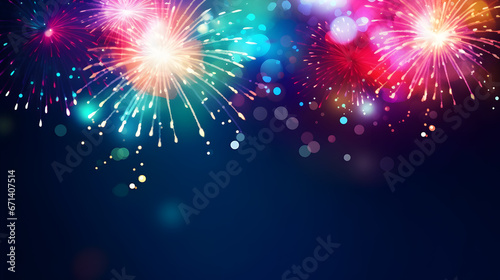 Abstract new year background with colorful fireworks and christmas lights,Red, white, and blue fireworks light up the night sky, patriotic celebration, New Years Eve or Independence Day. Shallow depth