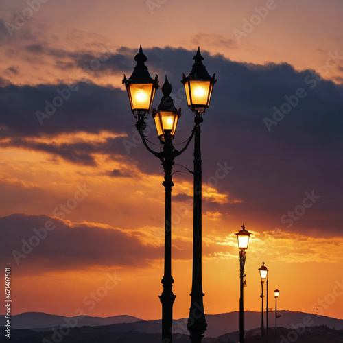Hills and street lamps under a cloudy sky during a beautiful sunset © Abdul